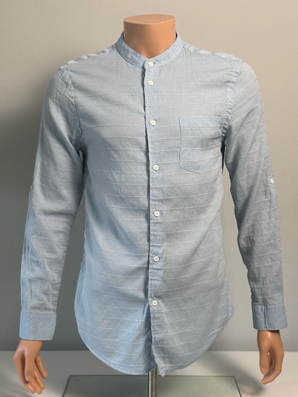 Onia Men’s M Light Blue Striped Band Collar Long Sleeve Shirt